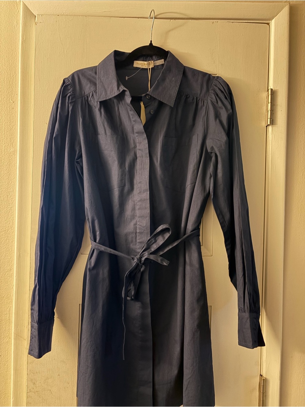 Ramy Brook Navy Long-Sleeve Tie-Waist Shirt Dress